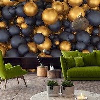 Флизелиновые фотообои 3д круги 368x254 см Золотые и черные шары (12123V8) +клей