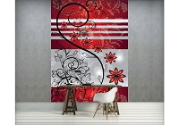 Флизелиновые фотообои в гостиную 206x275 см Красные цветы и черные вензеля (1212VEA)+клей