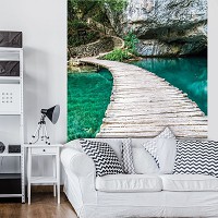 Река 3D флизелиновые фотообои 206x275 см Вода Ландшафт Пешеходный Мост Скалы Природа (1215VEA)+клей