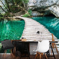 Флизелиновые фотообои 3D 416x254 см Вода Ландшафт Пешеходный Мост Скалы Природа (1215VEXXXL)+клей