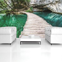 Флизелиновые 3D фотообои природа 254x184 см Вода Ландшафт Пешеходный Мост Скалы (1215V4)+клей