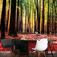 Флизелиновые фотообои спальня 254x184 см Красные листья в осеннем лесу (1219V4)+клей