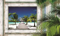 Флизелиновые фотообои природа 254x184 см 3Д Пирс на пляже за деревянным проемом (1225V4)+клей