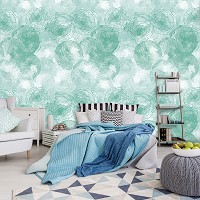 Флизелиновые фотообои абстракция в интерьере бирюзовые цветы нарисованные акварелью (12285V)+клей