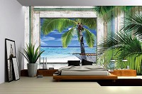 3d флизелиновые фотообои природа 254x184 см Пляж с гамаком за деревянным проемом (1230V4)+клей