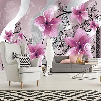 Флизелиновые фотообои в зал 254x184 см Розовые цветы на черных стеблях (1231V4)+клей