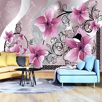 Необычные флизелиновые фотообои для зала 368x254 см Розовые цветы на черных стеблях (1231V8)+клей