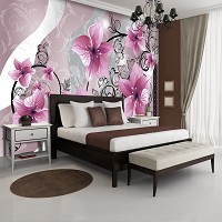 Флизелиновые фотообои в зал 416x254 см Розовые цветы на черных стеблях (1231VEXXXL)+клей