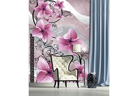 Зал флизелиновые фотообои 206x275 см Розовые цветы на черных стеблях (1231VEA)+клей