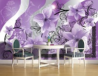 Флизелиновые фотообои в зале дизайн 254x184 см Фиолетовые цветы на черных стеблях (1232V4)+клей