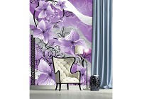 Над кроватью флизелиновые фотообои в спальню 206x275 см Фиолетовые цветы на черных стеблях (1232VEA)+клей