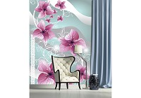 Флизелиновые фотообои в гостиную 206x275 см Розовые цветы на белых стеблях (1233VEA)+клей