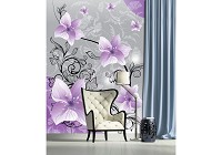 Флизелиновые фотообои в интерьере кухни гостиной 184x254 см Фиолетовые цветы и черные стебли (1238V4A)+клей