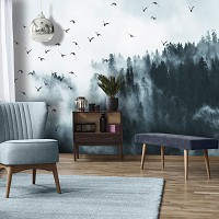 Флізелінові 3д фотошпалери дерева природа 368x280 см Птахи та ліс у тумані (12394V10) +клей - вид 6 мініатюра