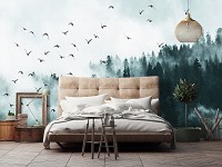 Природа флизелиновые 3д фотообои 368x254 см Птицы и лес в тумане (12394V8) +клей
