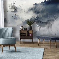 Флизелиновые фотообои природа 416x254 см Волки и лес в тумане (12395VEXXXL) +клей