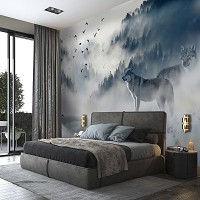 Красивые флизелиновые фотообои природа 416x290 см Волки и лес в тумане (12395VEXXXXL) +клей