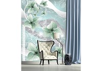 Флизелиновые фотообои в гостиную 184x254 см Зеленые цветы на белых стеблях (1239V4A)+клей