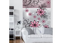 Флизелиновые фотообои в спальню 184x254 см Розовые цветы на сером фоне (1245V4A)+клей