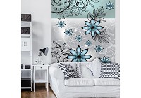 Повторяющийся узор на флизелиновых фото обоях 184x254 см Голубые цветы на сером фоне (1246V4A)+клей