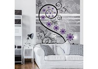 Повторяющийся узор на флизелиновых фото обоях 184x254 см Фиолетовые цветы и черные стебли на сером фоне (1247V4A)+клей