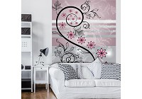 Ремонт зала с флизелиновыми фотообоями 206x275 см Розовые цветы и черные стебли на сером фоне (1248VEA)+клей