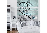 Ремонт гостиной с флизелиновыми фотообоями 184x254 см Голубые цветы и черные стебли на сером фоне (1249V4A)+клей