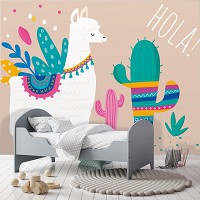 Флізелінові фото шпалери з листя на стіну 254x184 см Малятко Лама Кактус Бохо (12515V4)+клей