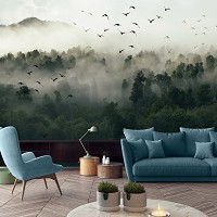 Флизелиновые фотообои для кухни пейзаж природа 368x254 см Птицы лес и туман (12517V8) +клей
