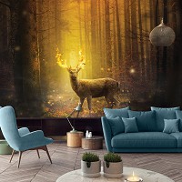 Флизелиновые 3д фотообои в спальню природа лес животные 416x290 см Олень в лучах заходящего солнца (12520VEXXXXL) +клей