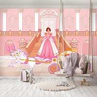 Флізелінові фото шпалери Принцеса 254x184 см Дитяча карета з конячками та Попелюшкою (12533V4)+клей