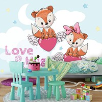 Любовь красивые флизелиновые детские фотообои для девочек 520x318 см Сердца с крылышками и Лисята (12537VEXXXXXL) +клей