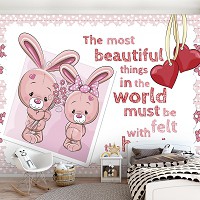 Флизелиновые детские фотообои милые животные 460x300 см Для маленькой девочки Розовая Надпись и Плюшевые Кролики (12540V12) +клей
