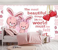 Флизелиновые детские фотообои 368x254 см Для маленькой девочки Розовая Надпись и Плюшевые Кролики (12540V8) +клей