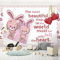 Флизелиновые фотообои с животными 254x184 см Для маленькой девочки Розовая Надпись и Плюшевые Кролик (12540V4)+клей