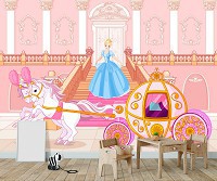 Флизелиновые фотообои Розовая детская карета принцессы и лошадки (12542V)+клей