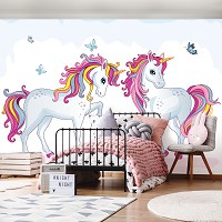 Лошади флизелиновые фотообои 416x254 см Для детей Девочек Единороги и бабочки (12550VEXXXL) +клей