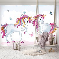 Флизелиновые фотообои с лошадьми 254x184 см Для детей Девочек Единороги и бабочки (12550V4)+клей