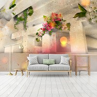 Флизелиновые 3д фотообои геометрия в интерьере 416x290 см Абстракция яркие цветы и фигуры (12572VEXXXXL) +клей