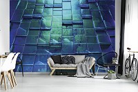 Флизелиновые 3д фотообои в клетку в интерьере 368x280 см Геометрия стена из синих кубов (12573V10) +клей