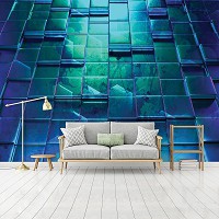 Флизелиновые 3д фотообои клетка в интерьере 416x254 см Геометрия стена из синих кубов (12573VEXXXL) +клей