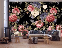 Флизелиновые фотообои геометрический узор Цветы Большие Пионы на черном фоне (12577V)+клей