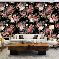Красивые флизелиновые фотообои цветы 368x280 см Большие Пионы на черном фоне (12577V10) +клей