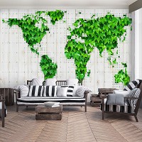 Популярные флизелиновые фотообои 368x254 см Карта мира из листьев на сером фоне (12594V8) +клей
