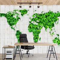 Флизелиновые фотообои на стену 312x219 см Карта мира из листьев на сером фоне (12594VEXXL) +клей