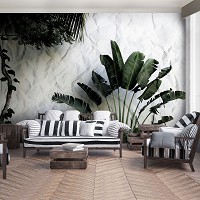 Цветы флизелиновые фотообои 368x254 см 3Д Листья на фоне белой стены (12595V8) +клей