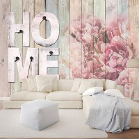 Флизелиновые фото обои 254x184 см Надпись HOME и цветы на досках (12599V4)+клей