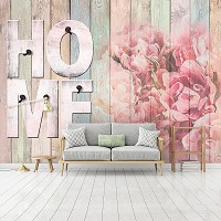 Флизелиновые фото обои большие розы 312x219 см Надпись HOME и цветы на досках (12599VEXXL)+клей
