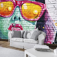 Флизелиновые фото обои под кирпич в интерьере 368x254 см Молодежные граффити на стене (12603V8)+клей