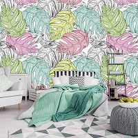 Флизелиновые фотообои на стену 368x254 см Пастельные листья монстеры (12604V8) +клей